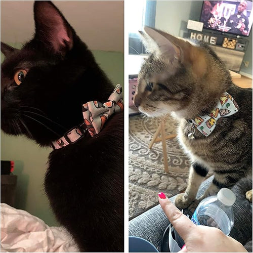 ADOGGYGO Cat Collar Breakaway with Bow Tie Bell - 2 Pack Kitten Collar with Removable Bowtie, Sushi Pizza Bowtie Collar for Cats Kittens (7.5"- 10.5")