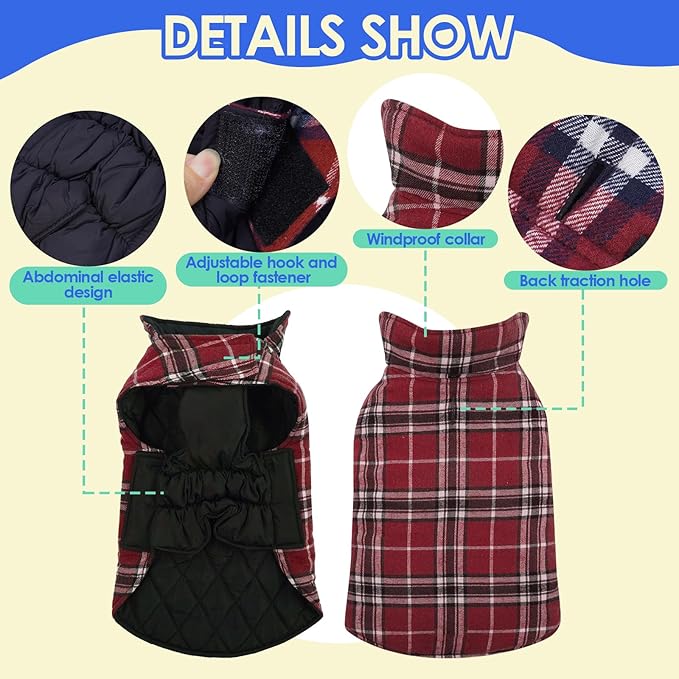 MIGOHI Dog Coat, Windproof Waterproof Reversible Jacket for Winter, British Style Plaid Warm Vest with Harness Hole, Small Medium Large Dogs, Cold Weather Coats, Red, XXL