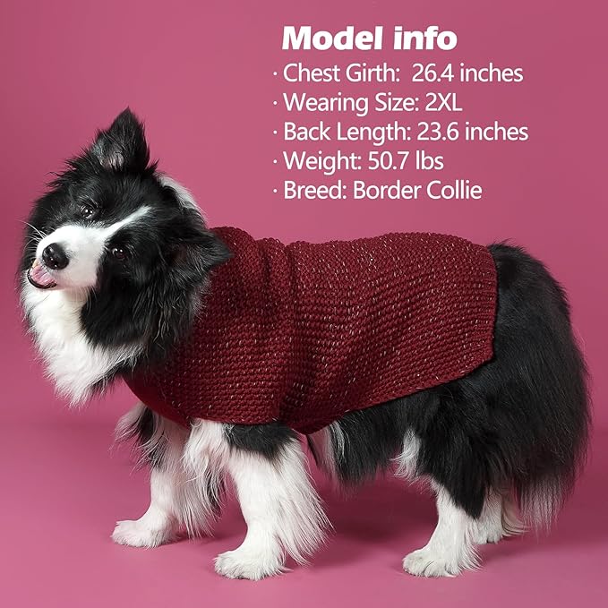 KYEESE Dog Sweater for Large Dogs with Leash Hole Warm Pullover with Reflective Yarn Male Thick Stretchy Knitwear Winter Soft Pet Coat boy for Cold Weather Comfy Dog Sweaters, Dark Red,XXX-Large