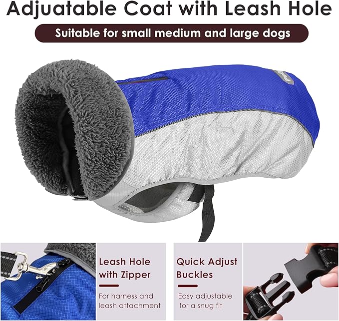Dog Coat, Waterproof Ripstop Dog Winter Jacket with Leash Hole, Reflective Adjustable Warm Pet Fleece Snow Sweater for Small Medium Large Dogs - Blue, L