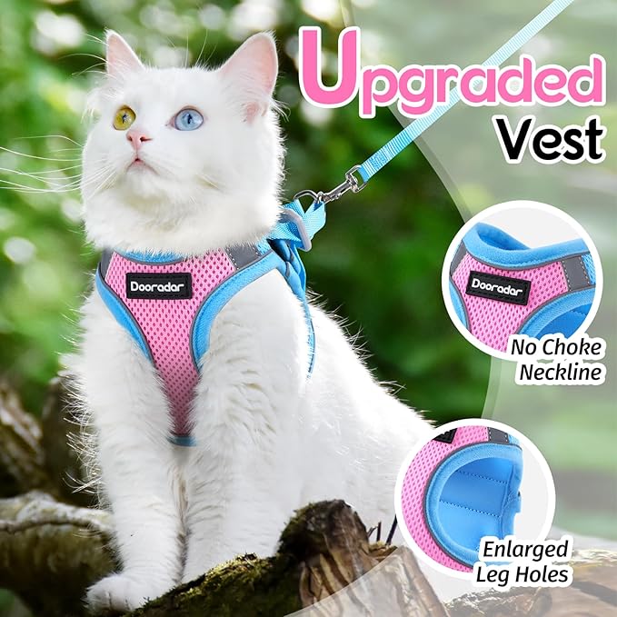 Dooradar Cat Harness and Leash Set, Escape Proof Lightweight Kitten Harness, Soft Breathable Reflective Vest for Outdoor Walking Traveling, Adjustable for Large Cats, Pink & Blue, L