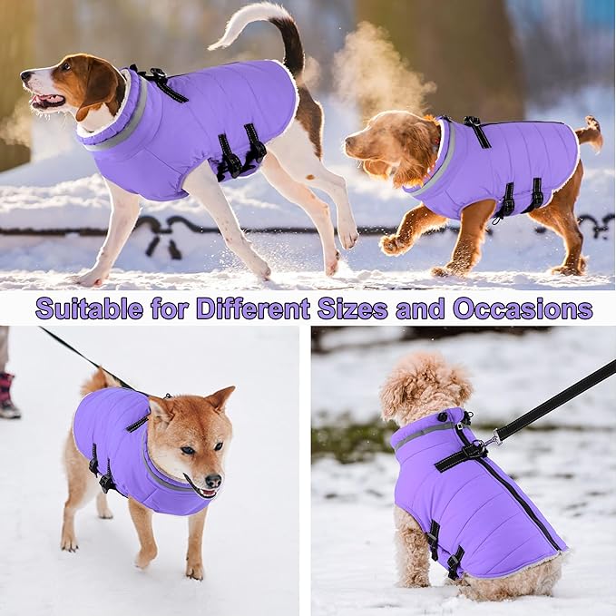 Dogcheer Dog Coat with Harness, Waterproof Dog Jacket Adjustable Winter Coat with Zipper, Christmas Puppy Snow Jacket Fleece Sweater for Small Medium Large Dogs - Taro Purple XS