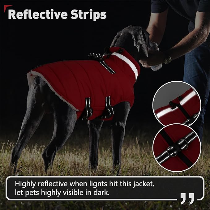 Dogcheer Dog Coat with Harness, Waterproof Dog Jacket Adjustable Pet Winter Coat with Zipper, Christmas Puppy Snow Jacket Fleece Sweater for Small Medium Large Dogs - Red XL