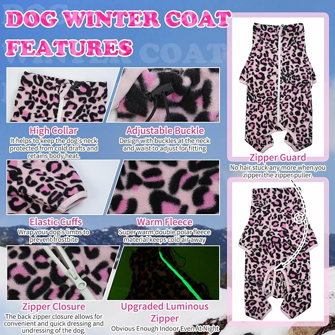 ROZKITCH Dog Winter Coat Soft Fleece Pullover Pajamas, Pet Windproof Warm Cold Weather Jacket Vest with Luminous Zipper, Jumpsuit Apparel Outfit Clothes for Small Medium Large Dog L-Pink M