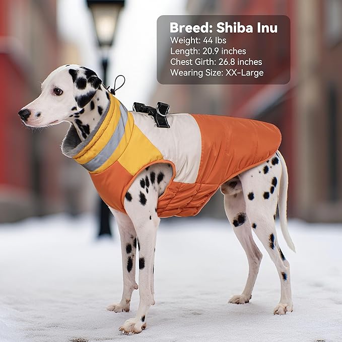 Dog Coats for Large Dogs, Reflective Dog Winter Coat Waterproof Windproof Clothes, Warm Cold Weather Dogs Jacket with Harness Built in Turtleneck Snowsuit, Orange XXX-Large