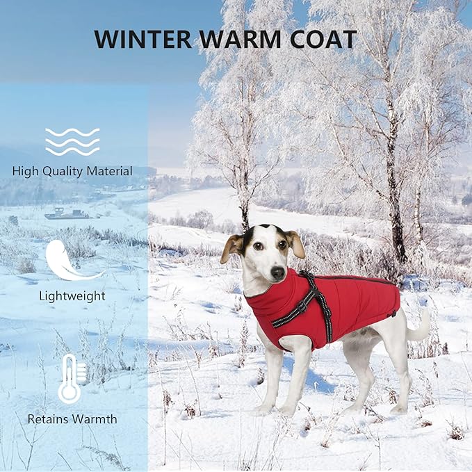 Geyecete Winter Warm Coat Waterproof Dog Winter Jacket with Harness Traction Belt,Pet Outdoor Jacket Dog Autumn and Winter Clothes for Medium, Small Dog-Red-L