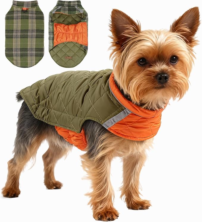 Quilted Dog Winter Coat, Plaid Lined Reversible Vest, Reflective Safety Strip, Cold Weather Pet Apparel Army Green XXS