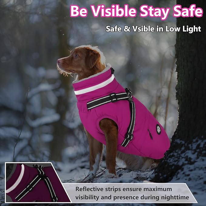 Dogcheer Dog Coat with Harness, Waterproof Dog Jacket Christmas Pet Winter Coat with Pockets, Reflective Doggy Turtleneck Fleece Jacket for Small Medium Large Dogs - Pink, M