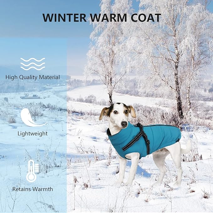 Geyecete Winter Warm Coat Waterproof Dog Jacket with Harness Traction Belt, Pet Outdoor Jacket for Small Dogs - Blue - XS