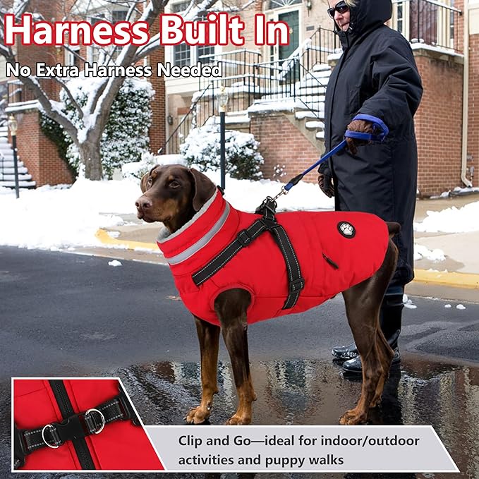 Dogcheer Dog Coat with Harness, Waterproof Dog Jacket, Christmas Puppy Winter Coat with Pocket, Reflective Doggy Turtleneck Puffer Vest for Small Medium Large Dogs - Red, L