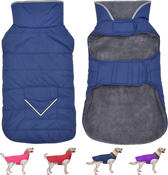 Dog Coat, Waterproof Dog Winter Jacket with Pocket, Reflective Adjustable Pet Snow Vest, Warm Cozy Fleece Sweater for Small Medium Extra Large Dogs - Blue, 2XL