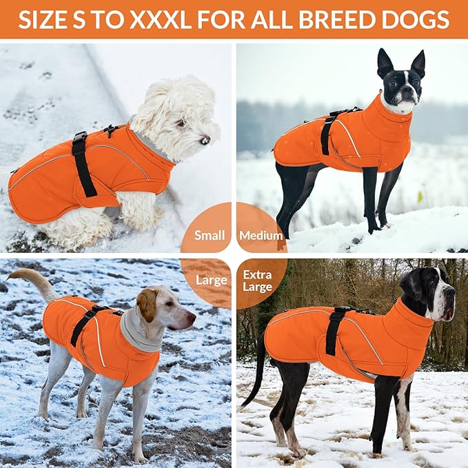Queenmore Winter Dog Coat Warm Dog Jacket Vest Waterproof Puffer Fleece Snowsuit Adjustable Buckle Leash Hole Reflective Cold Weather Parka for Small Medium Large Dogs Girl Boy Orange S