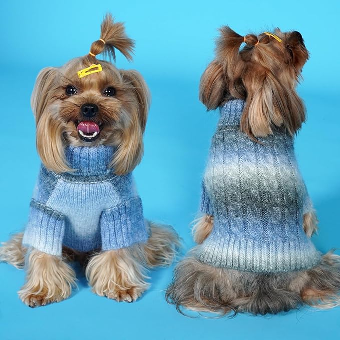 KYEESE Dog Sweater Thick Cable Knit Pet Sweater Gradient Color Small Dog Sweater Fuzzy Warm with Sleeves, Blue, X-Small