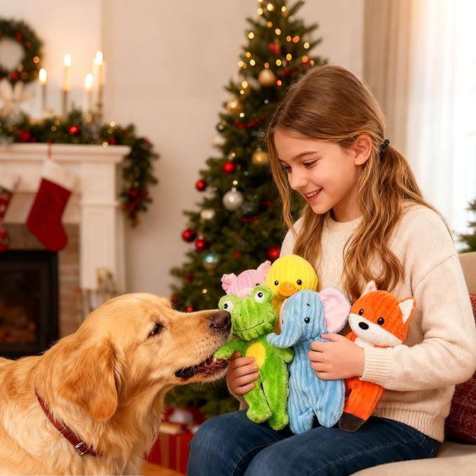 Prime Pets Dog Toys, 5 Pack, Plush Dog Squeaky Toys, No Stuffing Bodies, Crinkle Animals Pet Toy for Small Medium Large Dogs, Puppy Chew Toy to Keep Them Busy