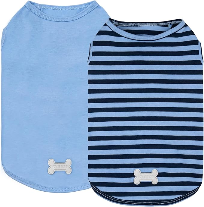 KYEESE 2Pack Dog Shirts Striped T Shirt Soft Tee for Small Dogs Cotton Tank Top Lightweight Sleeveless Vest Dog Clothes, Small,Dark Blue+Striped