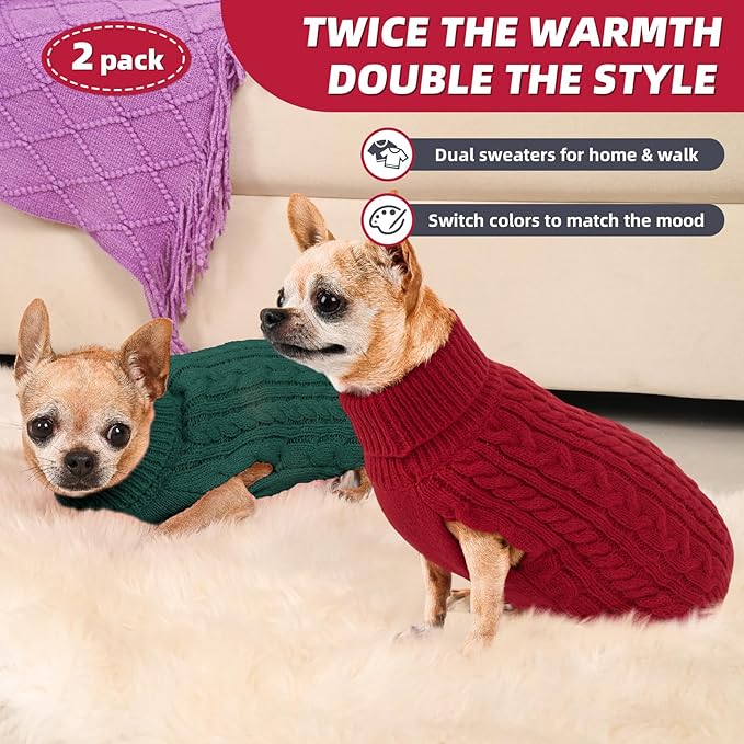 2 Pack Dog Sweaters for Small Dogs Turtleneck Pullover Cable Knit Puppy Stretch Clothes Chihuahua Yorkie Pomeranian Toy Poodle Boy Girl Pets Winter Doggie Clothes (S, Red & Green)