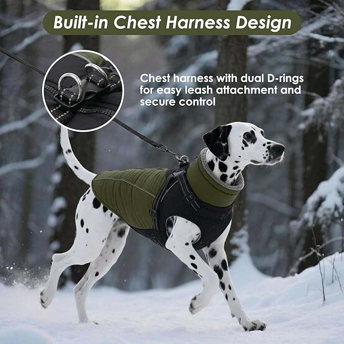 ASENKU Reflective Dog Coat with Built-in Harness, Windproof Fleece-Lined Dog Jacket for Small, Medium, Large Dogs, Warm Winter Vest with Turtleneck & Zipper (Green M)