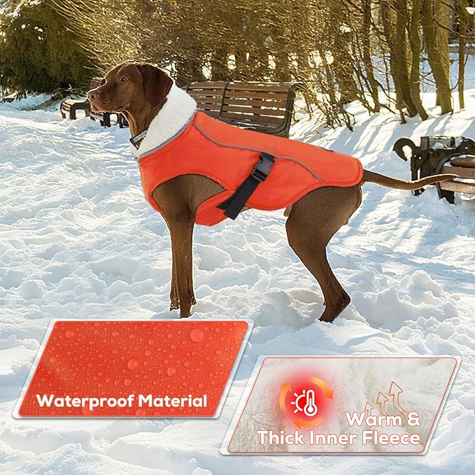 EMUST Dog Coat Winter, Waterproof Pet Snow Jacket for Winter, Adjustable Small/Medium/Large Dog Coat, Orange, L