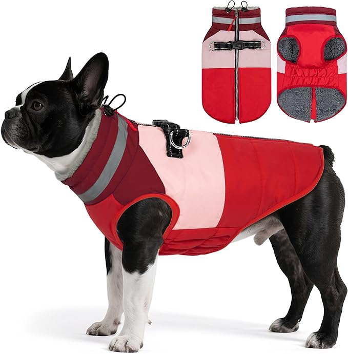Dog Coats for Medium Dogs, Waterproof Dog Winter Jacket with Harness Built in, Cold Weather Coats, Reflective Zip-up Pet Vest, Warm Fleece Lined Dogs Snowsuit, Red X-Large