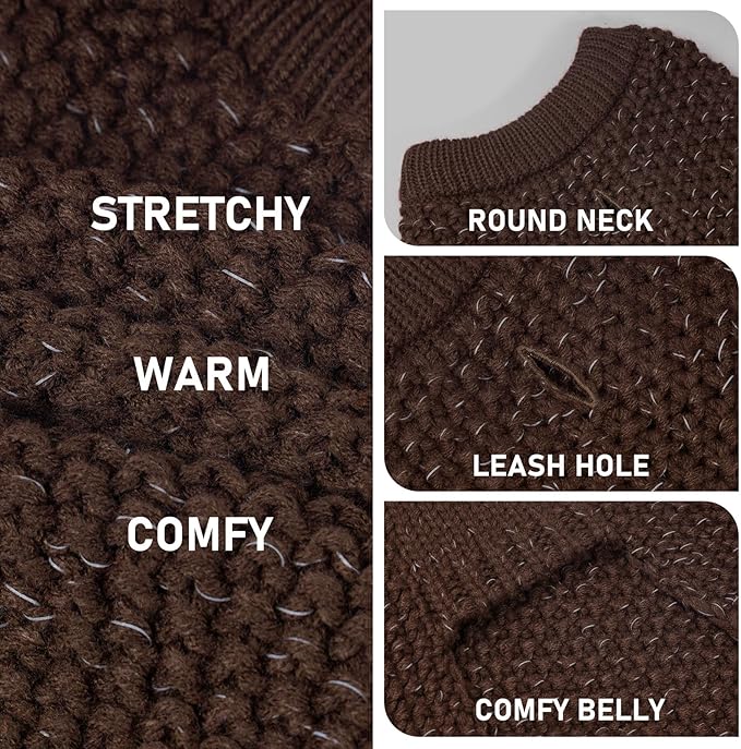 KYEESE Dog Sweater for Large Dogs with Leash Hole Warm Pullover with Reflective Yarn Male Thick Stretchy Knitwear Winter Soft Pet Coat boy for Cold Weather Comfy Dog Sweaters, Khaki, XX-Large