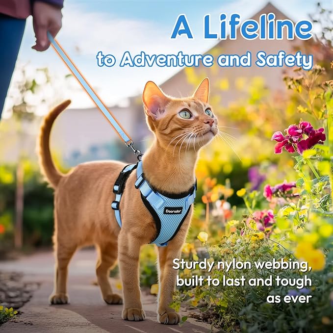 Dooradar Cat Harness and Leash Set, Escape Proof Safe Adjustable Kitten Vest Harnesses for Walking, Easy Control Soft Breathable Mesh Jacket with Reflective Strips for Cats, Light Blue, XXS