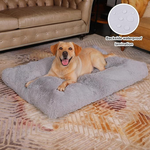 Bedfolks Waterproof Crate Bed, Plush Pad With Removable Cover, Faux Fur for XXL Dogs, Fluffy Washable Kennel Bed 47"x29", Solid Light Grey