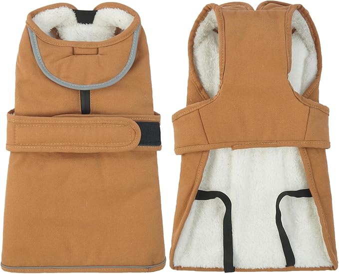 Kuoser Canvas Dog Coat, Warm Dog Jacket Reflective Fleece Pet Cold Weather Coat, Warm Doggie Clothes Waterproof Winter Vest with Zipper Leash Hole for Small Medium Large Dogs, Brown XL