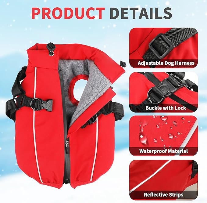 Dog Winter Coat Reflective Water-Resistant Jacket, Fleece Lined Windproof Puppy Coat with Back Zipper & D-Ring, Cold Weather Dog Coats for Small Medium Large Dogs (XXL, Red)