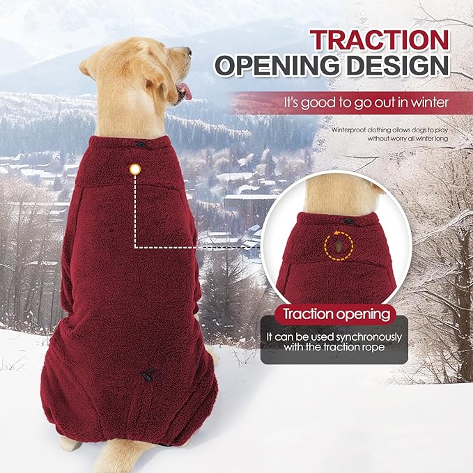 Dog Winter Coat, Warm Fleece Dog Jacket, Windproof Pullover Jumpsuit, Full Body Pet Pajamas Onesie, Cold Weather Clothes for Medium Large Dog(Small,Red)