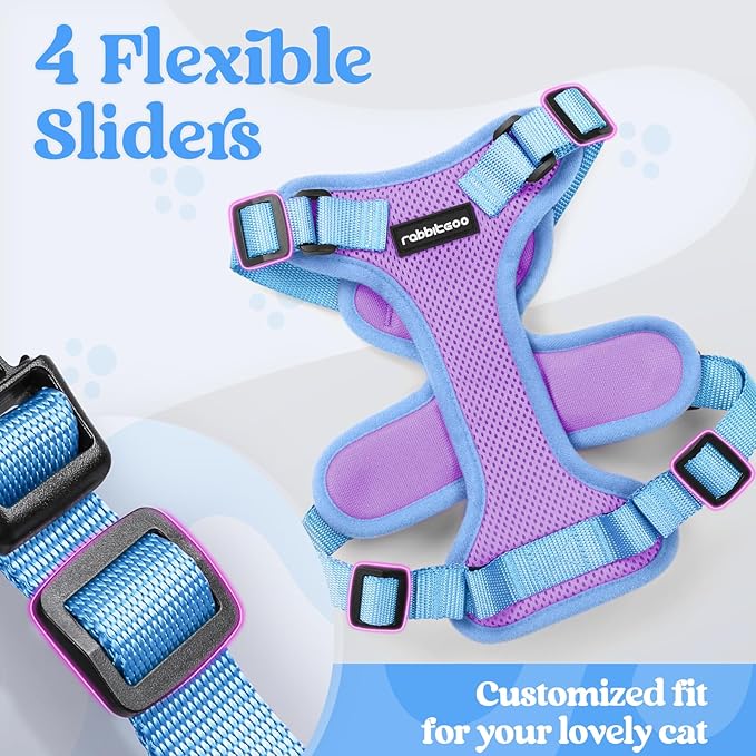 rabbitgoo Cat Harness and Leash Set, Escape Proof Soft Adjustable Vest Harnesses for Outdoor Walking, Easy Control Breathable Kitten Jacket with Reflective Strips, Purple & Blue, XXS