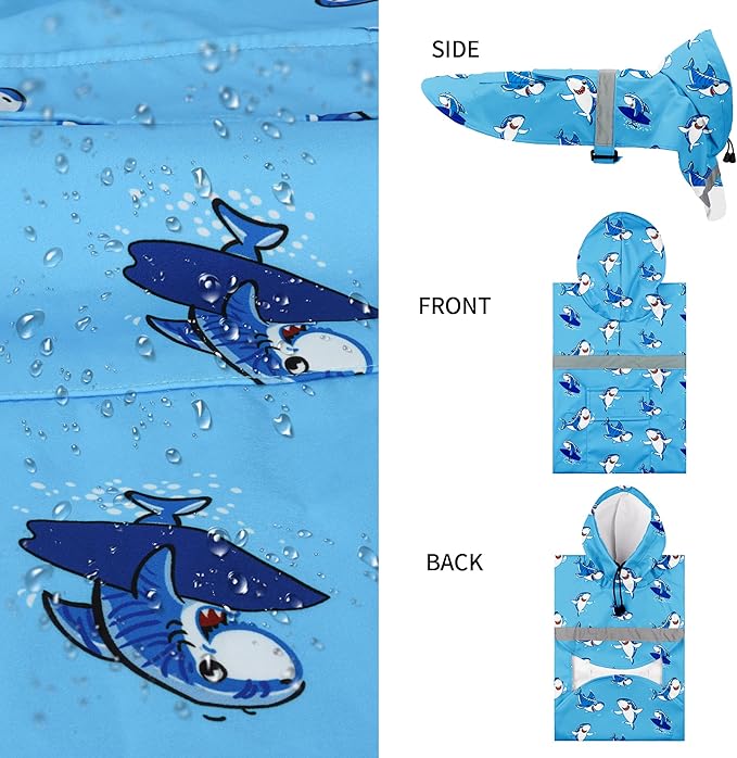 NACOCO Large Dog Raincoat Adjustable - Pet Shark Water Proof Clothes Lightweight Rain Jacket Poncho Hoodies with Strip Reflective Blue (M, Blue Shark)