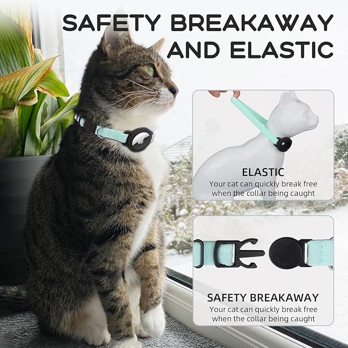 AirTag Cat Collars, Stretchy Collar with Apple AirTag Holder and Bell, Breakaway Ultra Design Elastic GPS Tracking Collars for Cats and Puppies, (7.5-12.5 Inch), Green