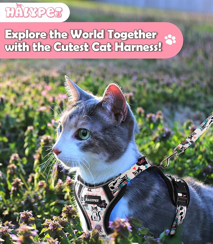Halypet Cat Harness and Leash Set[MAX Safety 4th-Gen] Cute Escape Proof Vest Harness for Girl&Boy Cat Walking, Comfortable Adjustable Leash and Reflective Strips for Outdoor Kitten, XS Inky Meowy
