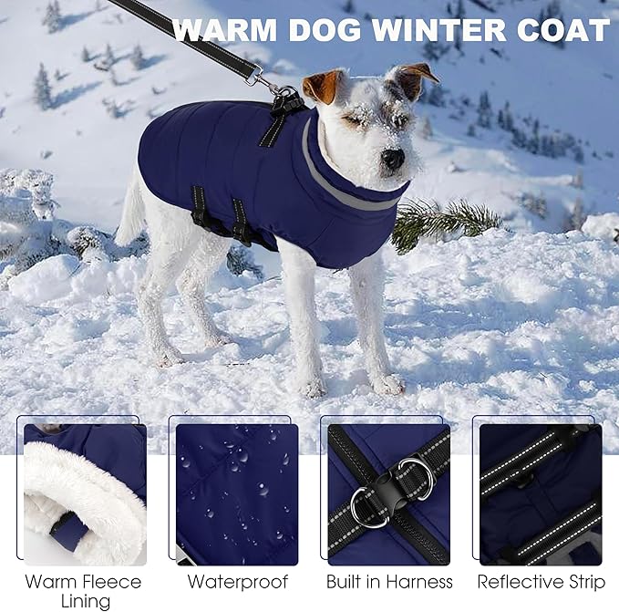 Small Dog Coat with Harness Built-in, Waterproof Reflective Fleece Lined - Warm Windproof Winter Jacket with Back Zipper, Cold Weather Snow Dog Coats - Blue - S