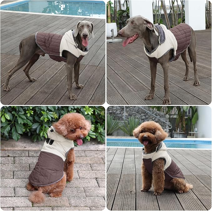 Detachable Hooded Dog Coat with Harness for Large Dogs,Super Warm Fleece Puppy Jacket for Cold Winter Doggie Coats,Brown XXXL