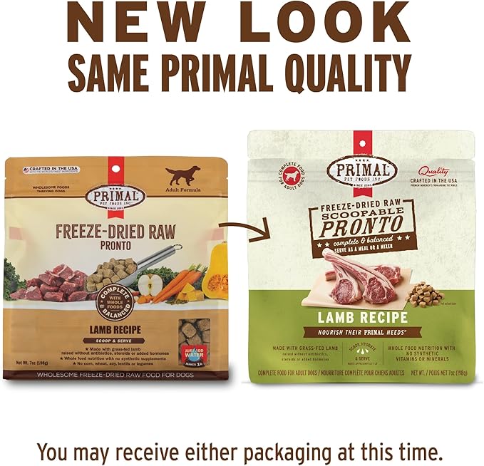 Primal Freeze Dried Dog Food, Pronto Mini Nuggets, Lamb; Scoop & Serve, Complete & Balanced Meal; Also Use as Topper or Treat; Premium, Healthy, Grain Free, High Protein Raw Dog Food (16 oz)