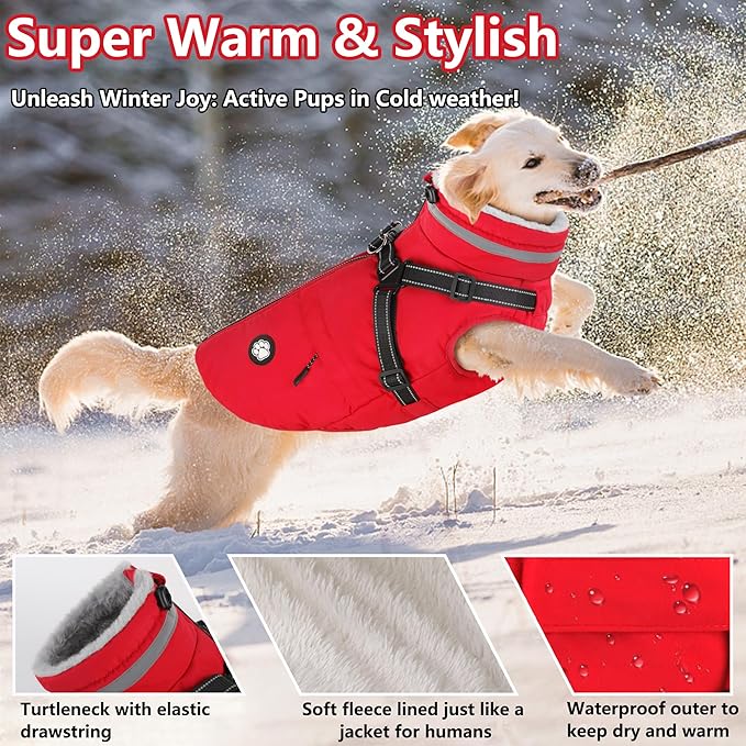 Dogcheer Dog Coat with Harness, Waterproof Dog Jacket, Christmas Puppy Winter Coat with Pocket, Reflective Doggy Turtleneck Puffer Vest for Small Medium Large Dogs - Red, S