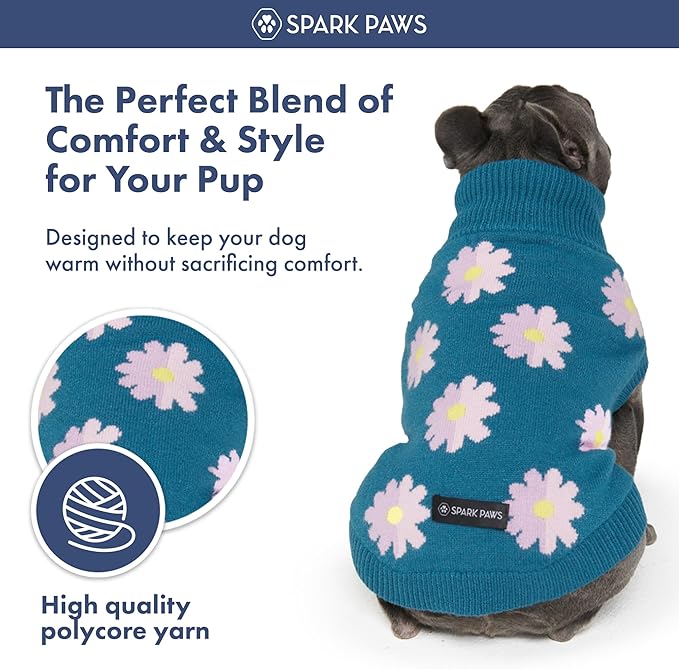 Spark Paws Knit Dog Sweater – Ultra Soft Warm Winter Dog Sweater for Small, Medium & Large Dogs – Stretch Fit Pet Sweater for French Bulldog, Pitbull, Girl & Boy Dogs Jacket, (Flower,S)