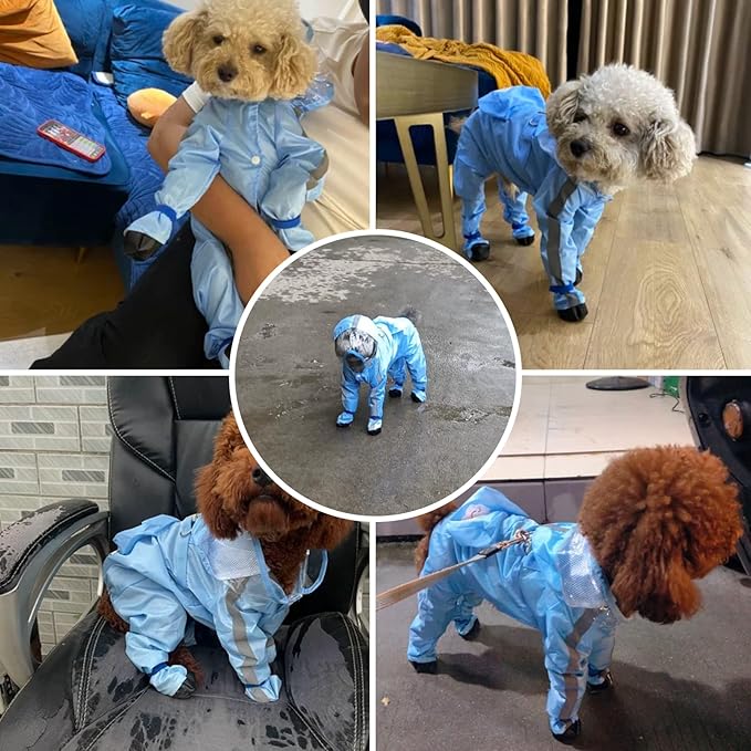 Full Coverage Small Dog Raincoat, Waterproof with Four-Leg Protection, Ideal for Teddy Bears, Includes Waterproof Mini Backpack (Blue, X-Small(Suggest Weight 1.3-3.3lb))