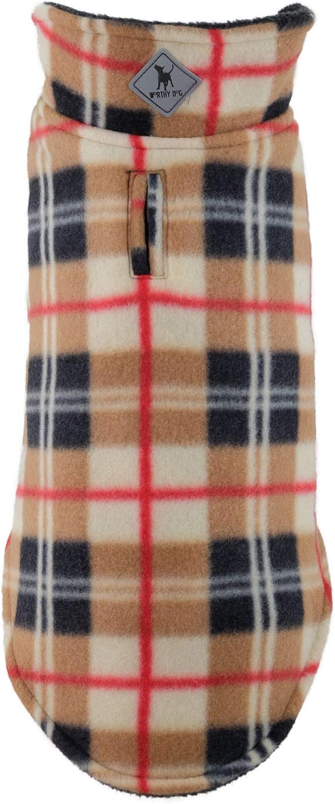 The Worthy Dog Fargo Fleece Plaid Dog Jacket, Adjustable Reversible with Harness Hole, Wind-Resistant, Winter Outdoor Clothes for Pets, Tan - 22''