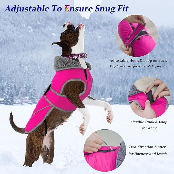 Dogcheer Dog Coat, Waterproof Dog Jacket Reflective Pet Winter Coat with Adjustable Hook & Loop, Christmas Puppy Fleece Jacket Warm Turtleneck Snowsuit for Small Medium Large Dogs - Pink, 2XL