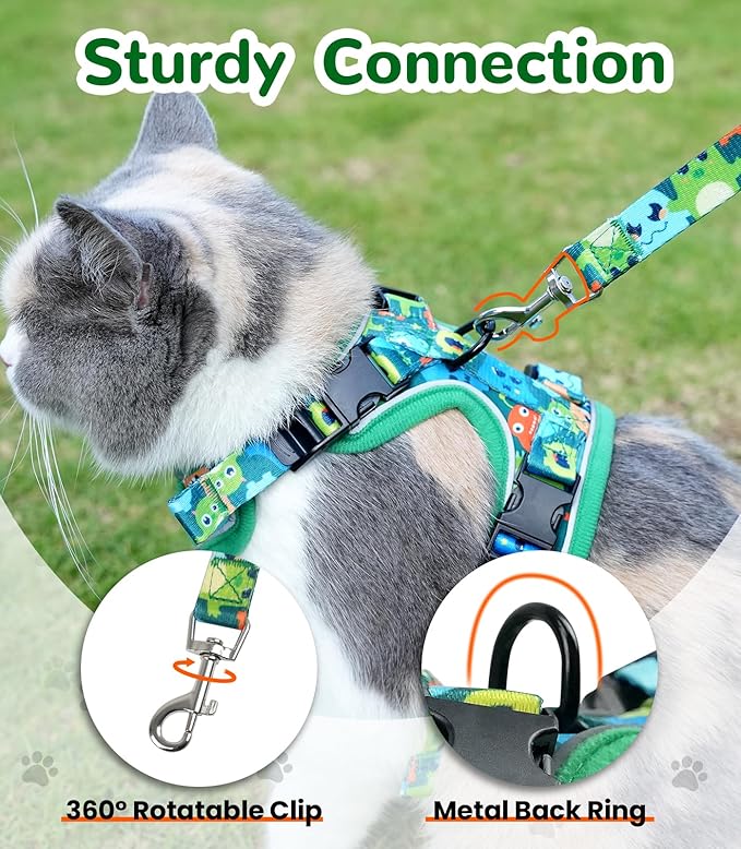Halypet Cat Harness and Leash Set for Walking, Escape Proof Adjustable Vest Harness with 3-in-1 Integrated Buckles, Easy Control Soft Breathable Mesh with Reflective Strips for Cats, M, Green Monster