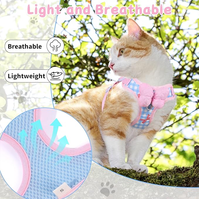 Cat Vest Harness and Leash Set for Walking Escape Proof, Adjustable Kitten Harness and Leash Set Breathable Mesh with Bow Harness for Kitty Puppy Bunny(Pink Small)