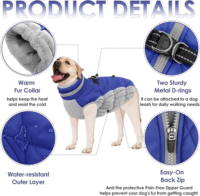AOFITEE Dog Coat, Warm Dog Jackets for Large Dogs, Reflective Turtleneck Dogs Winter Coat with Harness Built in, Waterproof Windproof Pet Snow Jacket Fleece Vest for Cold Weather, Blue XXL