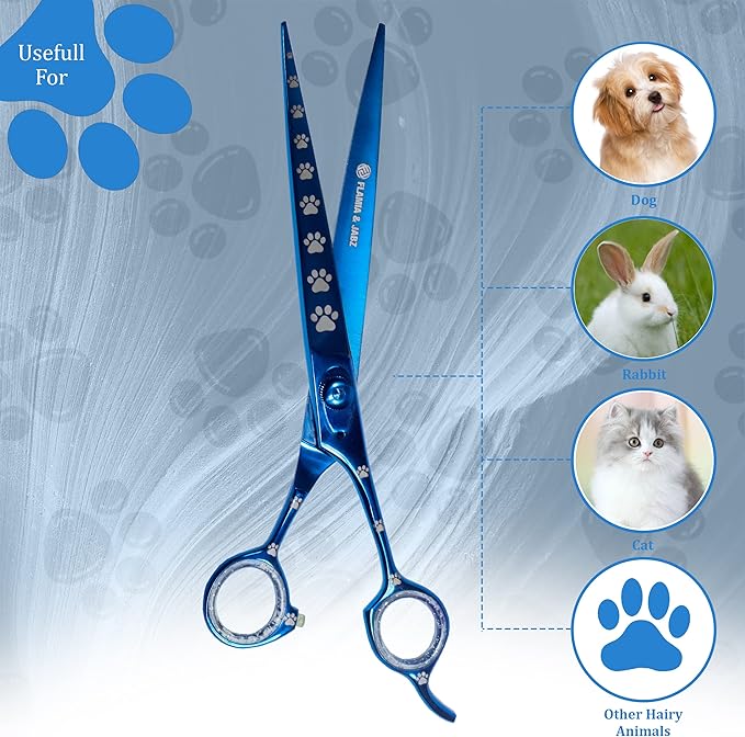 Professional Dog Grooming Scissors/Shears, Straight, with Paw Prints for Dogs, Cats & Pets (Right Handed, Blue, Stainless Steel 8 Inch)
