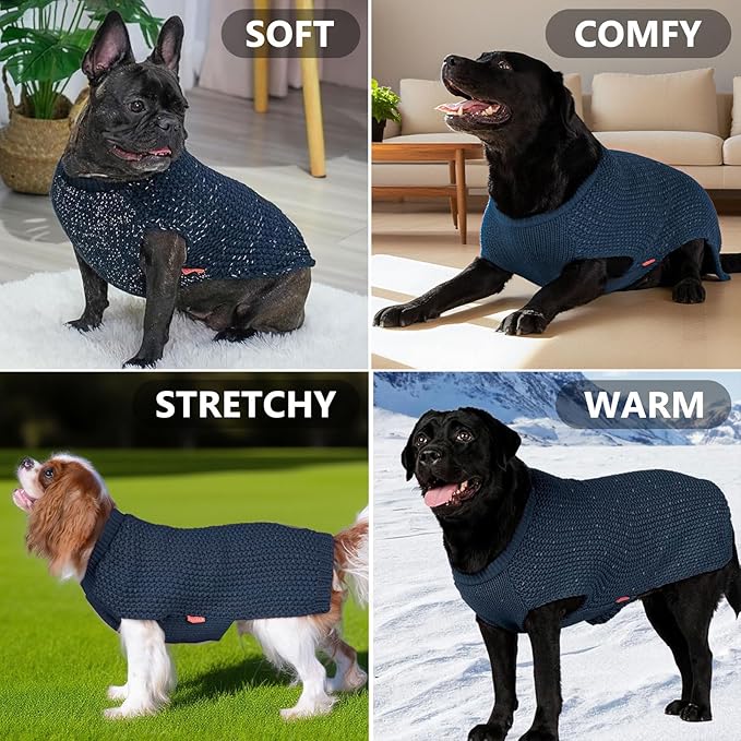 KYEESE Dog Sweater with Leash Hole Warm Pullover with Reflective Yarn for Small and Medium Dogs Male Soft Knit Pullover Boy Dog Coats Cozy Lightweight Thick Sweater,Navy Blue,Large