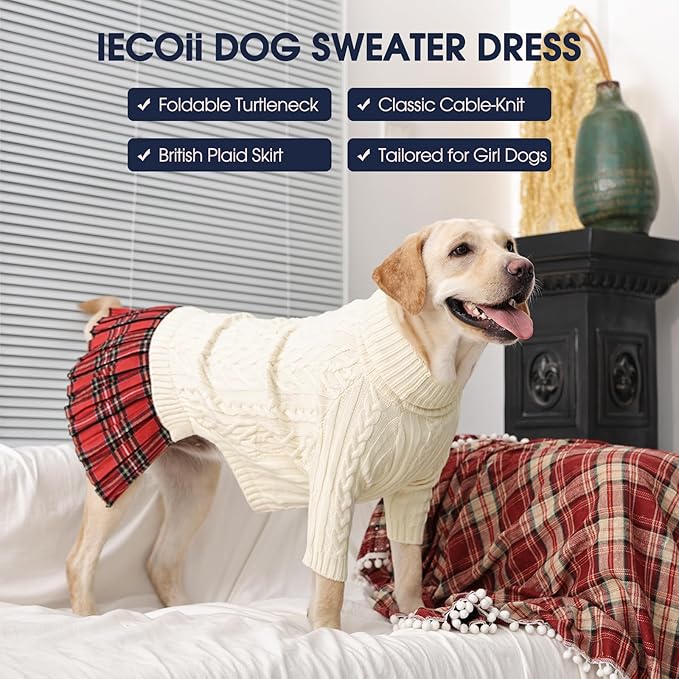 IECOii XL Dog Sweater Dress for Large Dogs Girl, Cable Knit Winter Dress for Female Dogs, Beige,XLarge, Soft Girl Dog Sweater with Tartan Plaid Skirt Cute Turtleneck Knitwear for Cold Weather