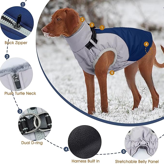 Dog Coat Waterproof,Warm Dog Winter Jacket with Harness Built in Windproof Snow Jakcet with Fleece Lining Reflective Thermal Cold Weather Coats for Large Dogs,Windproof Pet Snowsuit,Blue,L