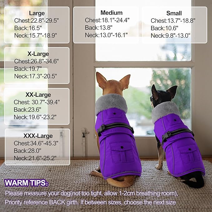 Dogcheer Dog Coat with Pocket, Waterproof Dog Jacket with Adjustable Buckle, Reflective Puppy Winter Coat Warm Turtleneck Fleece SnowJacket for Small Medium Large Dogs - Purple 2XL