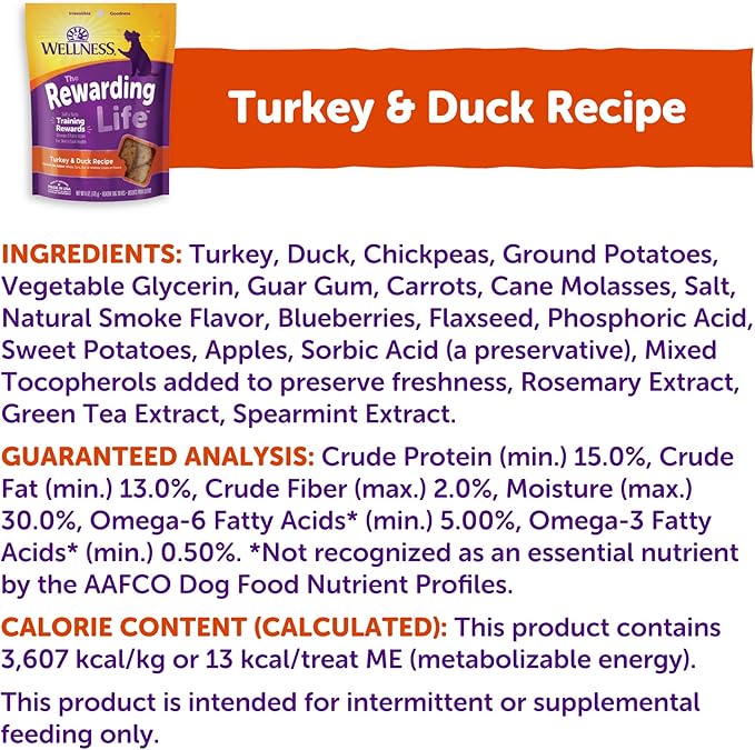 Wellness Rewarding Life Dog Treats, Training Treat, Grain Free, Soft Turkey & Duck (6 Ounce Bag)
